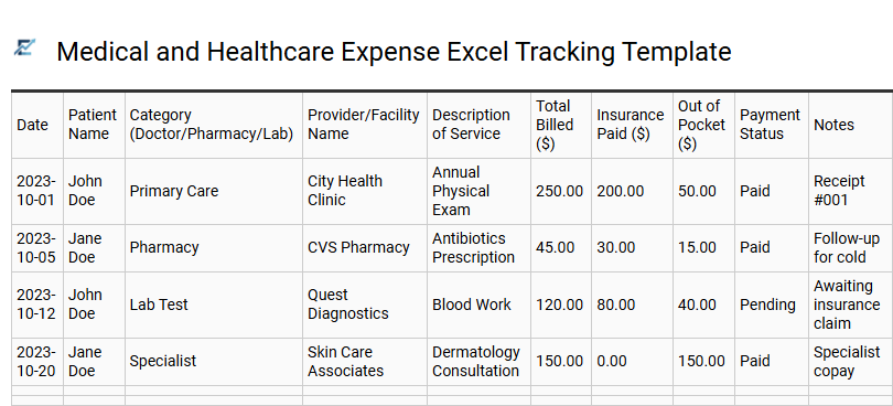 Medical and Healthcare Expense Excel Tracking Template