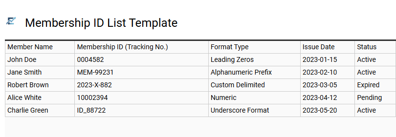 Membership ID List Template