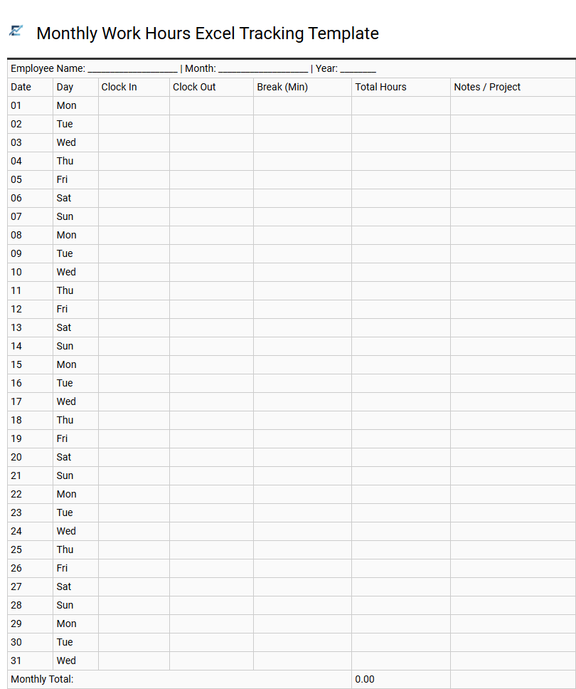 Monthly Work Hours Excel Tracking Template