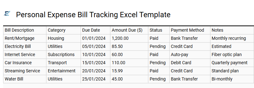 Personal Expense Bill Tracking Excel Template