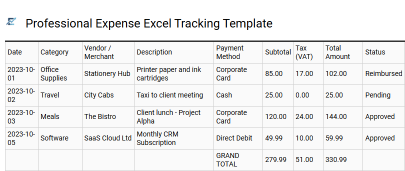 Professional Expense Excel Tracking Template