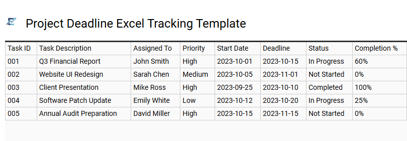 Project Deadline Excel Tracking Template