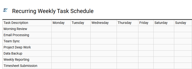 Recurring Weekly Task Schedule