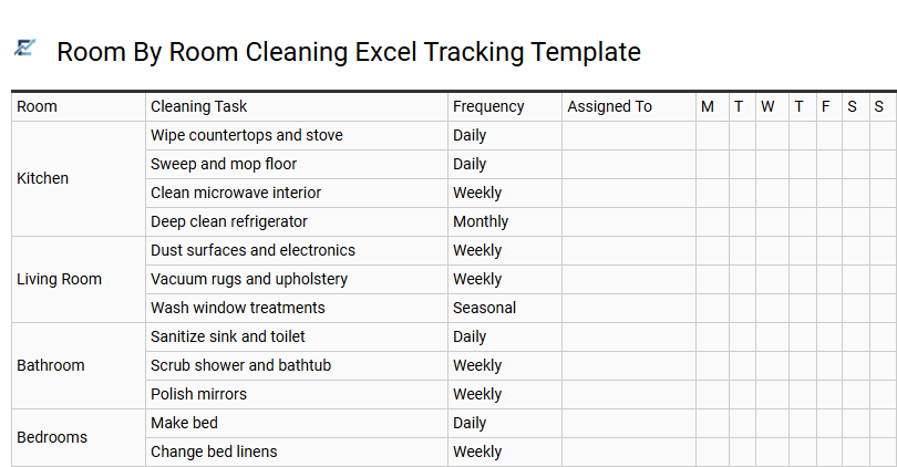 Room By Room Cleaning Excel Tracking Template