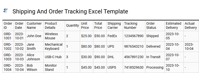 Shipping And Order Tracking Excel Template