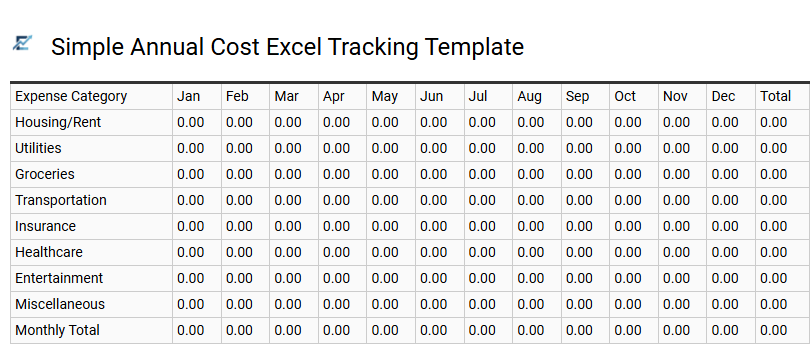 Simple Annual Cost Excel Tracking Template