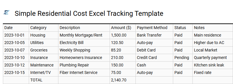 Simple Residential Cost Excel Tracking Template