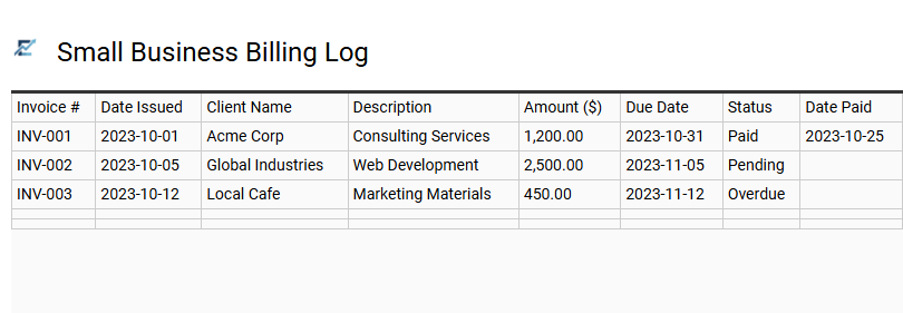 Small Business Billing Log