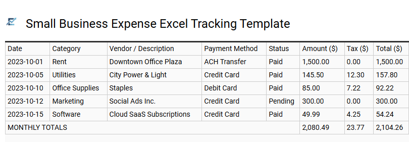 Small Business Expense Excel Tracking Template