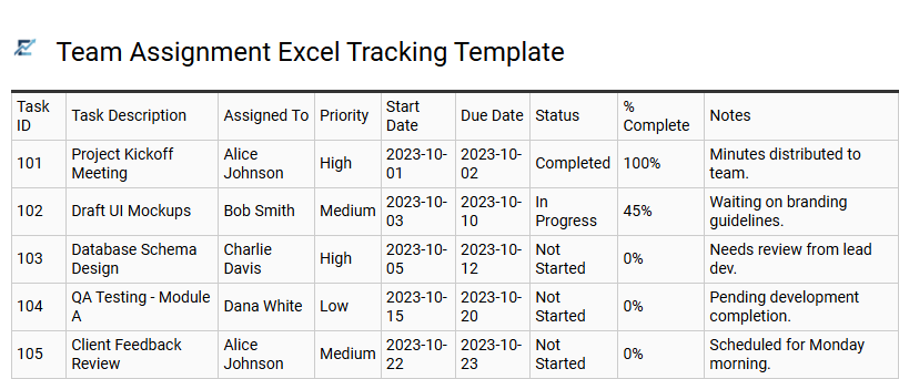 Team Assignment Excel Tracking Template