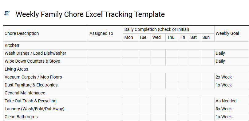 Weekly Family Chore Excel Tracking Template