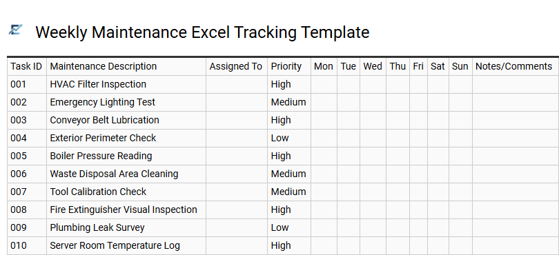 Weekly Maintenance Excel Tracking Template
