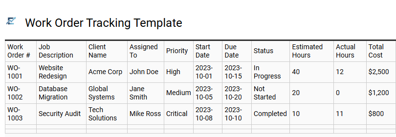 Work Order Tracking Template