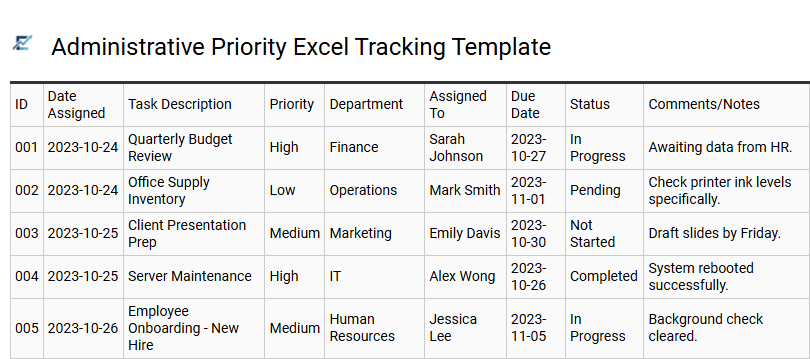Administrative Priority Excel Tracking Template