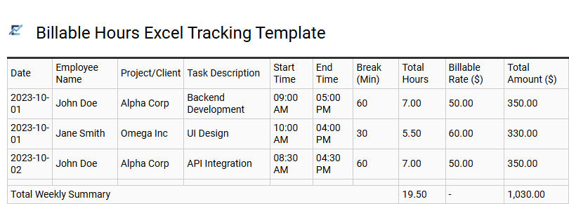 Billable Hours Excel Tracking Template