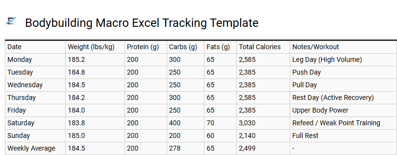 Bodybuilding Macro Excel Tracking Template