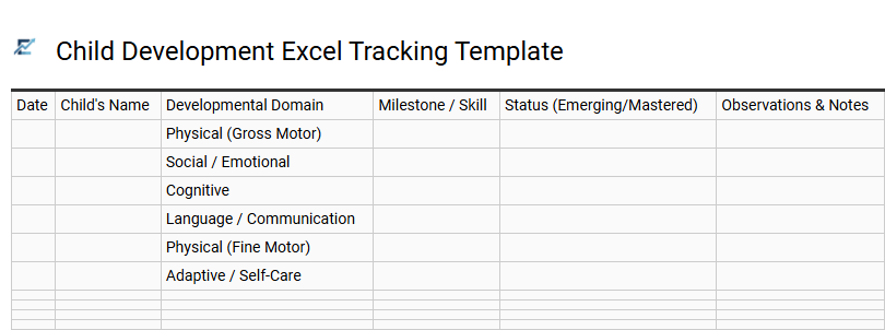Child Development Excel Tracking Template