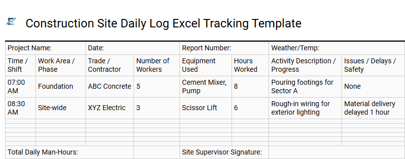 Construction Site Daily Log Excel Tracking Template