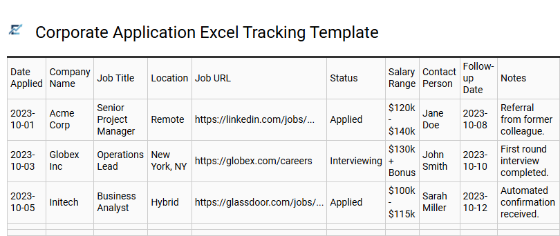 Corporate Application Excel Tracking Template