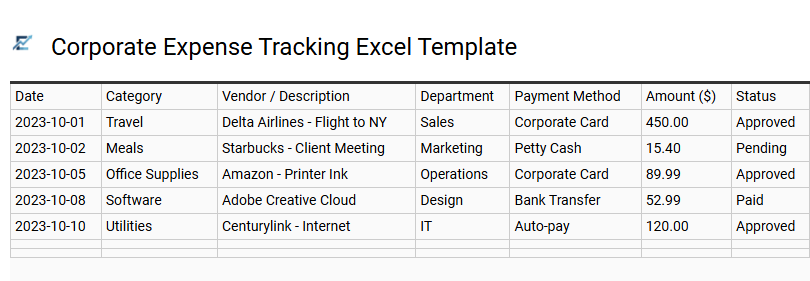 Corporate Expense Tracking Excel Template