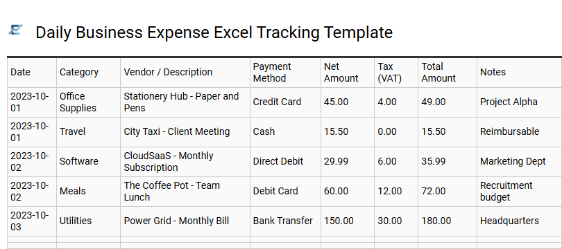 Daily Business Expense Excel Tracking Template