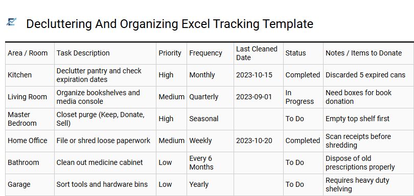 Decluttering And Organizing Excel Tracking Template