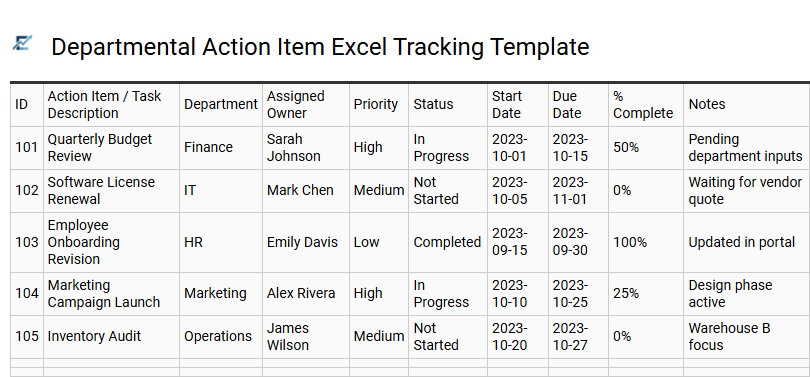 Departmental Action Item Excel Tracking Template