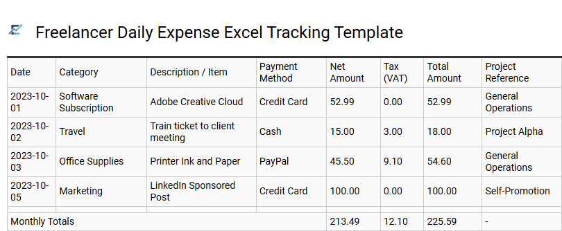 Freelancer Daily Expense Excel Tracking Template