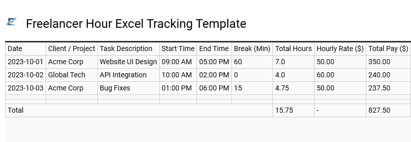 Freelancer Hour Excel Tracking Template