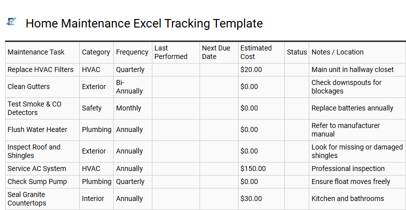 Home Maintenance Excel Tracking Template