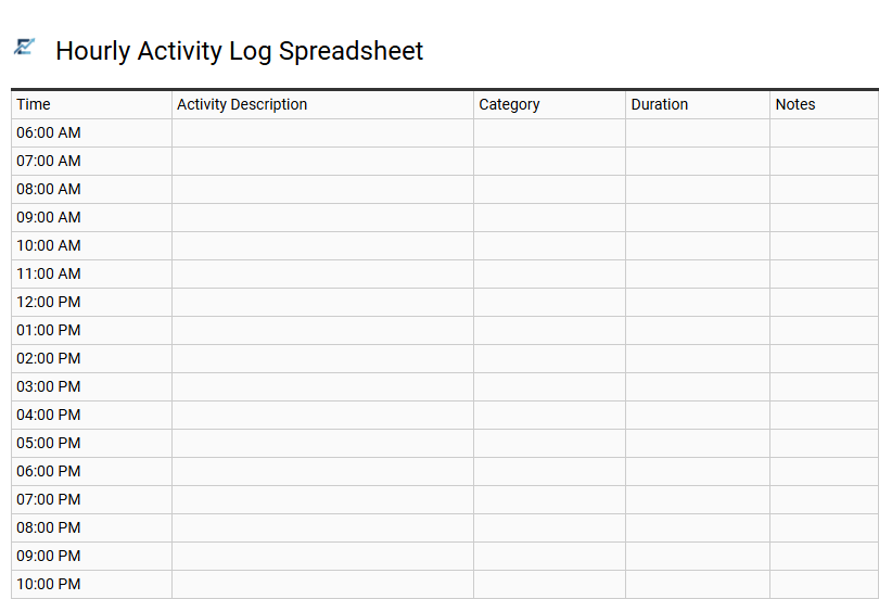 Hourly Activity Log Spreadsheet
