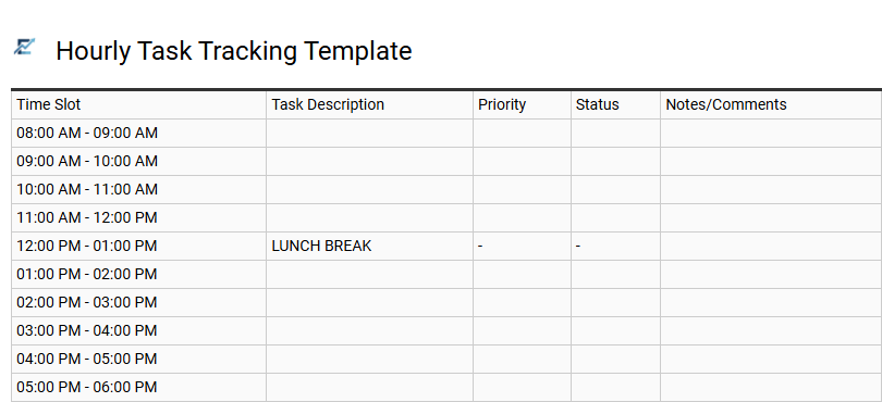Hourly Task Tracking Template