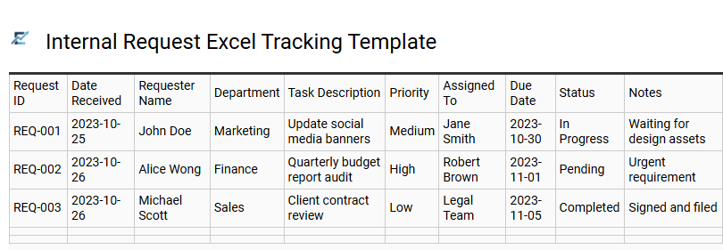 Internal Request Excel Tracking Template