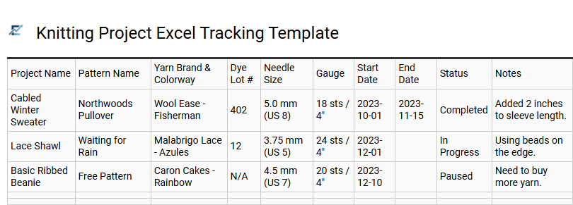 Professional Knitting Project Management and Yarn Inventory Spreadsheet