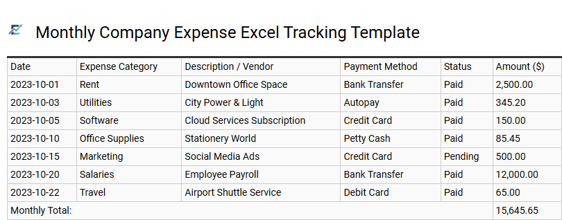 Monthly Company Expense Excel Tracking Template