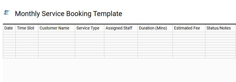 Monthly Service Booking Template