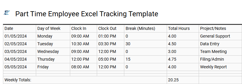 Part Time Employee Excel Tracking Template