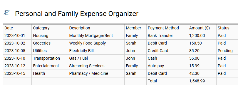 Personal and Family Expense Organizer