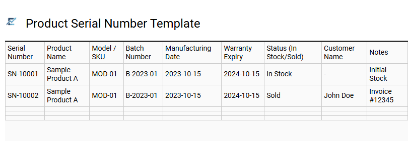 Product Serial Number Template
