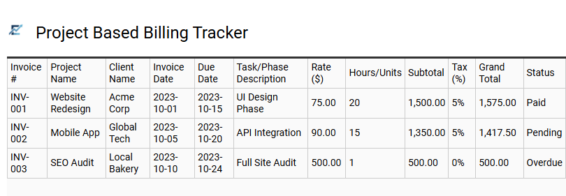 Project Based Billing Tracker
