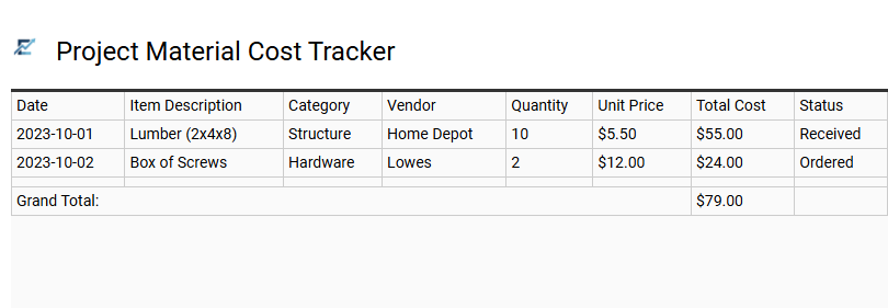 Project Material Cost Tracker