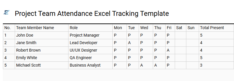 Project Team Attendance Excel Tracking Template