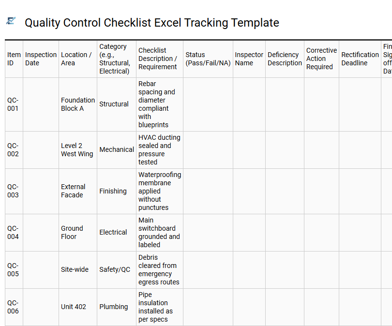Quality Control Checklist Excel Tracking Template