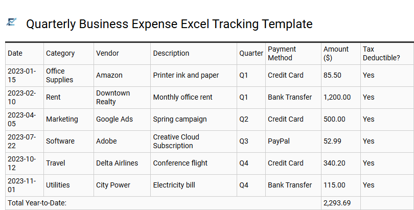 Quarterly Business Expense Excel Tracking Template