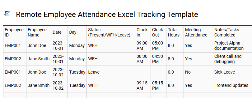 Remote Employee Attendance Excel Tracking Template