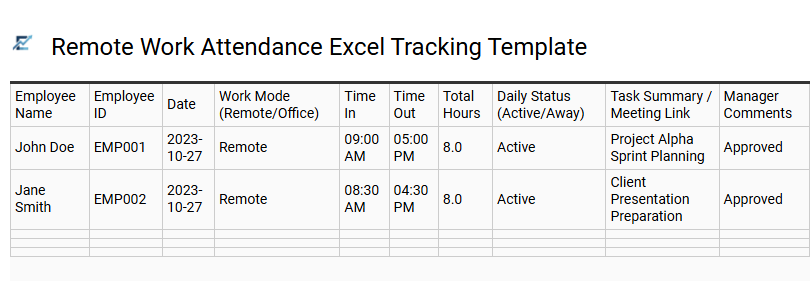 Remote Work Attendance Excel Tracking Template