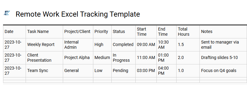 Remote Work Excel Tracking Template
