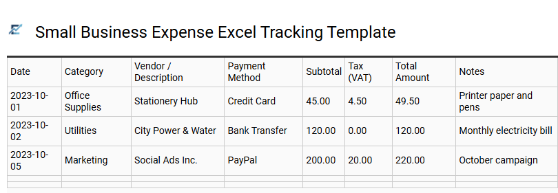 Small Business Expense Excel Tracking Template