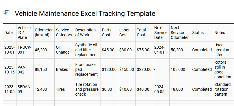 Vehicle Maintenance Excel Tracking Template