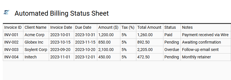Automated Billing Status Sheet